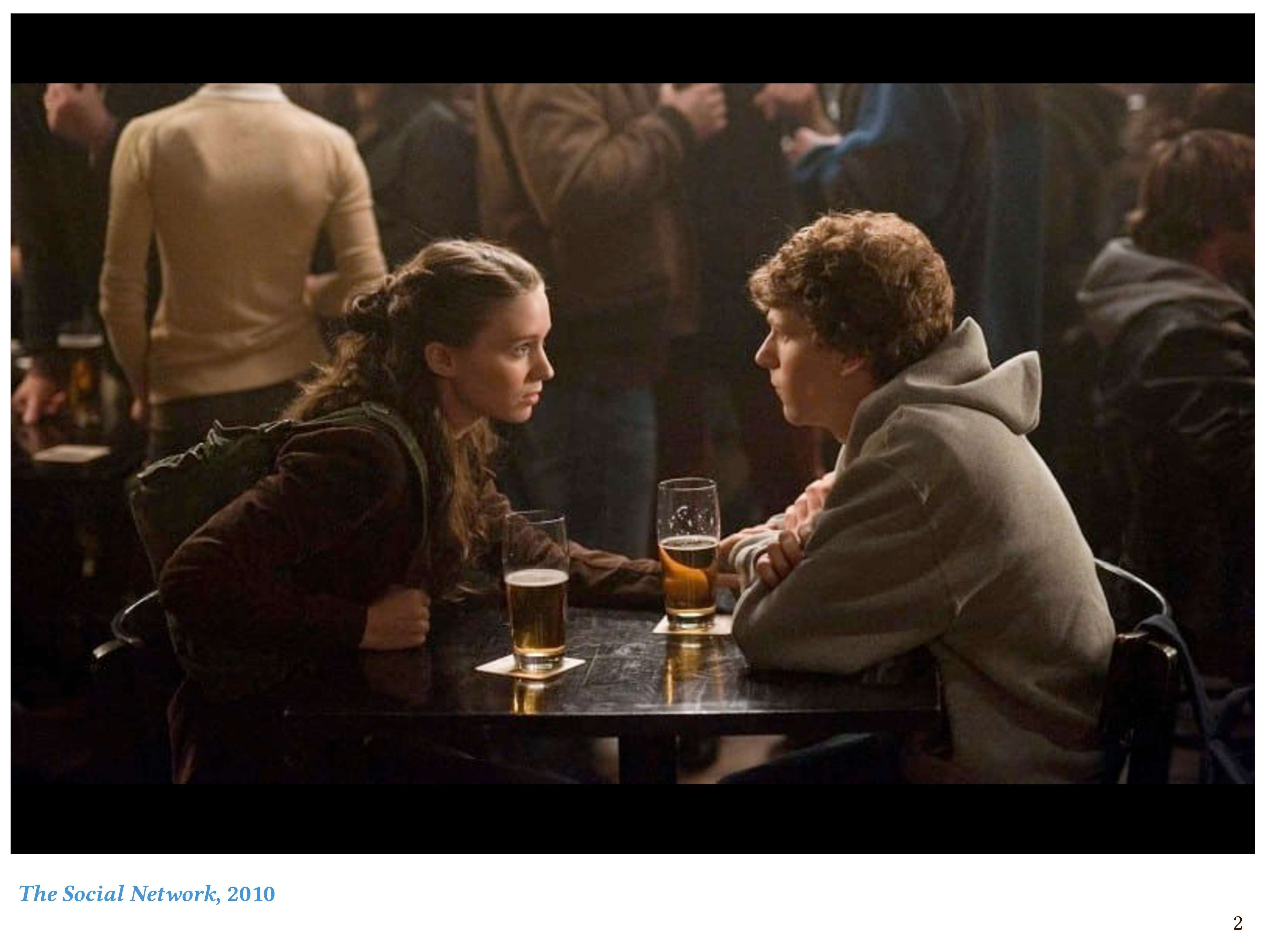 The opening scene from the movie _The Social Network_.  Mark and his soon-to-be-ex-girlfriend, Erica, are sitting in a dimly lit bar, arguing.