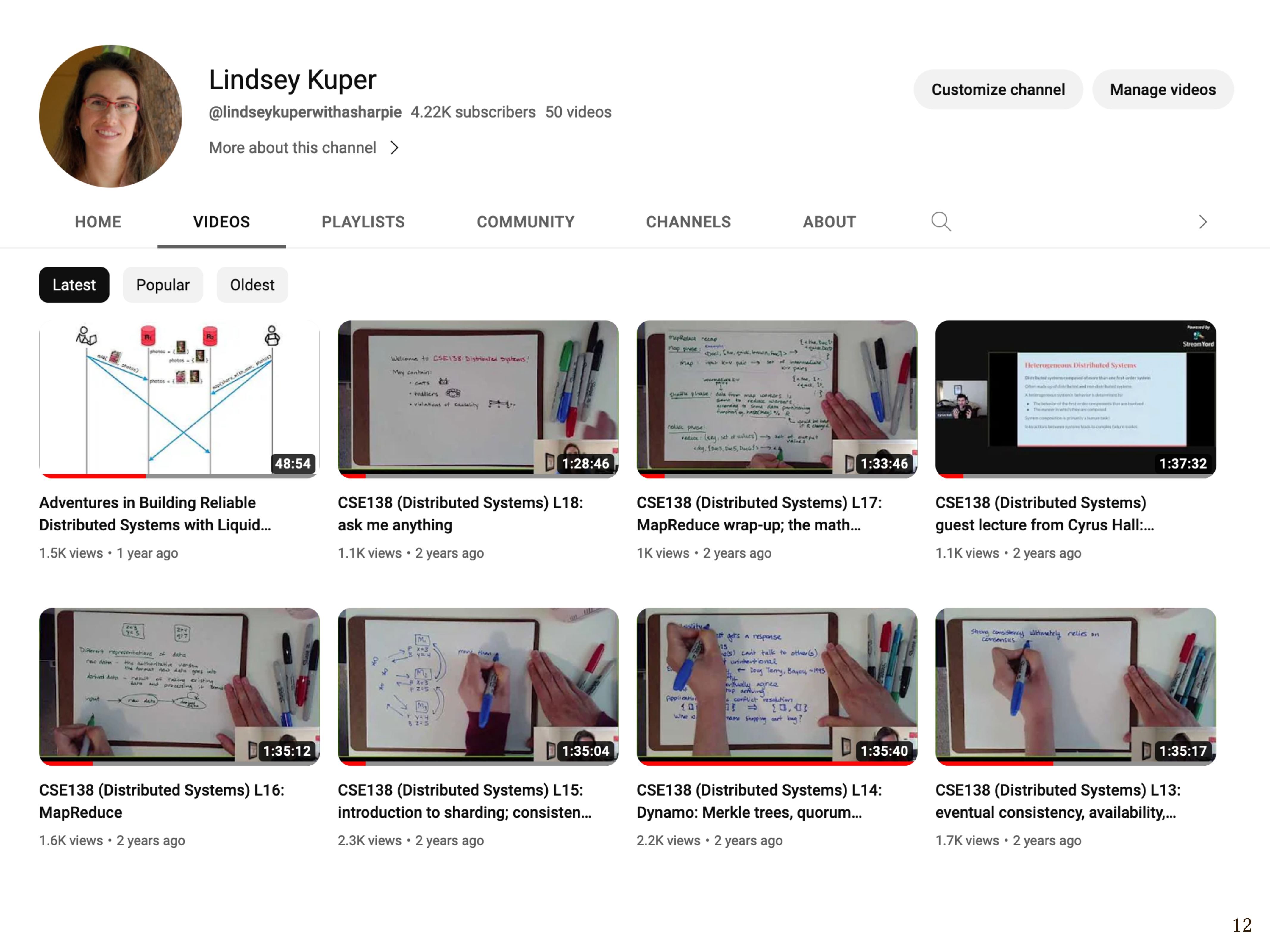 A screenshot of my YouTube channel, with lots of distributed systems lecture videos consisting of hand-drawn diagrams.