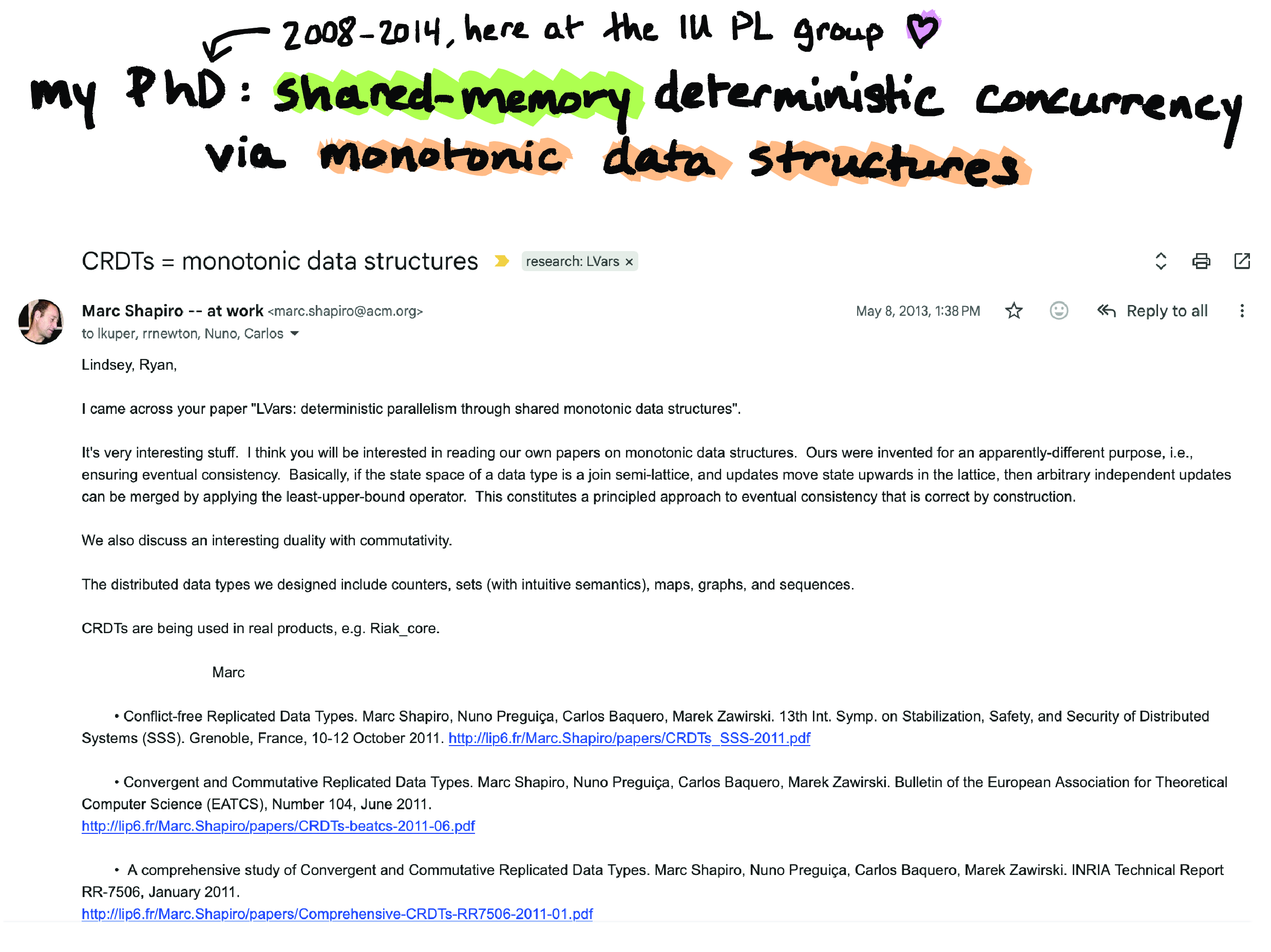 A screenshot of an email to me from Marc Shapiro about CRDTs, dated May 8, 2013.