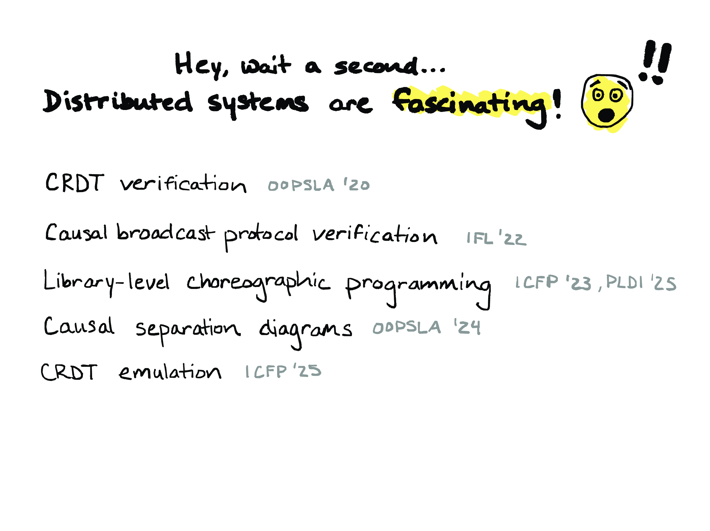 Hey, wait a second... Distributed systems are fascinating! / CRDT verification (OOPSLA '20) / Causal broadcast protocol verification (IFL '22) / Library-level choreographic programming (ICFP '23, PLDI '25) / Causal separation diagrams (OOPSLA '24) / CRDT emulation (ICFP '25)