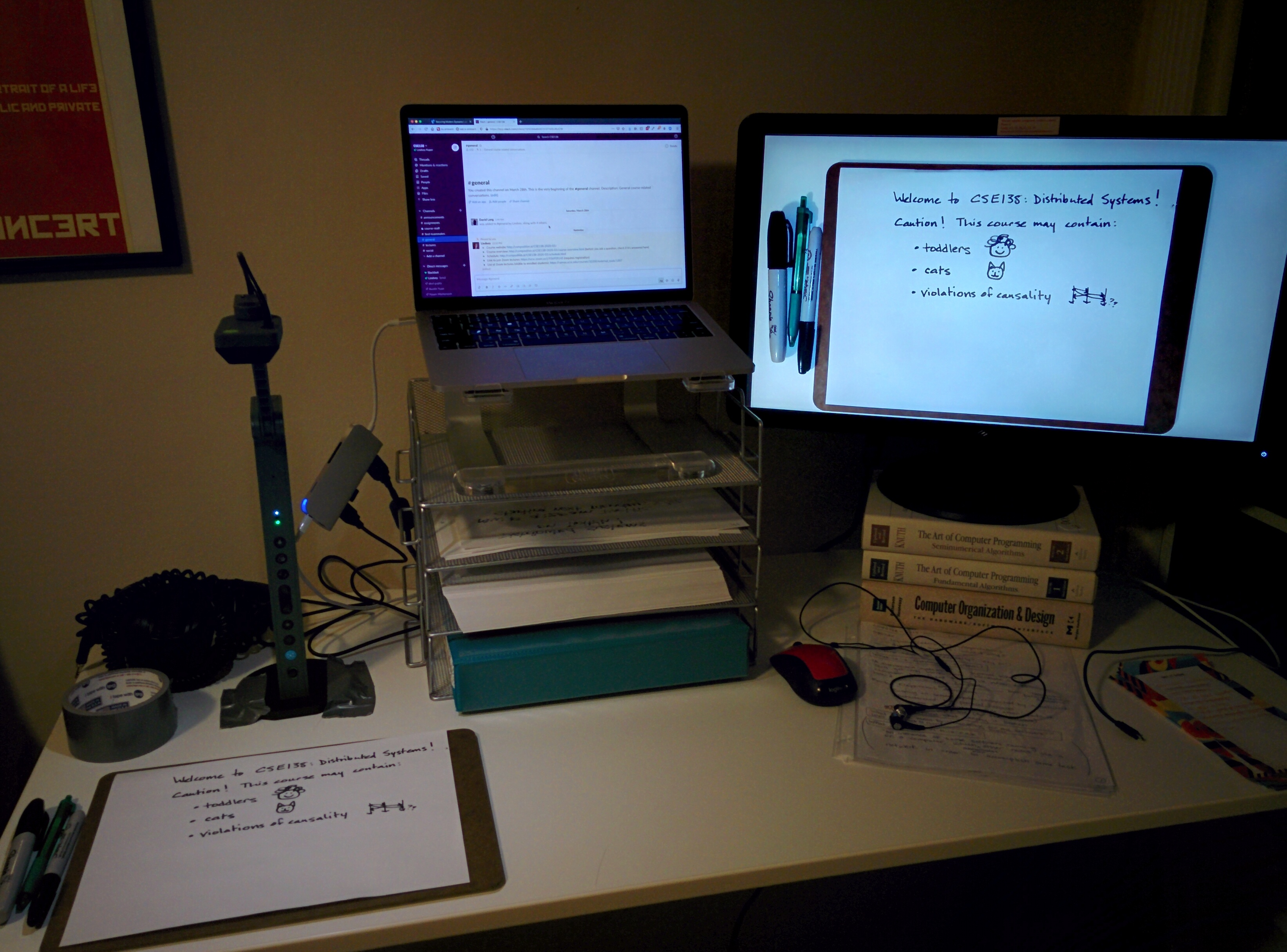 My lecture setup at home.  Note the duct tape holding the document camera in place.
