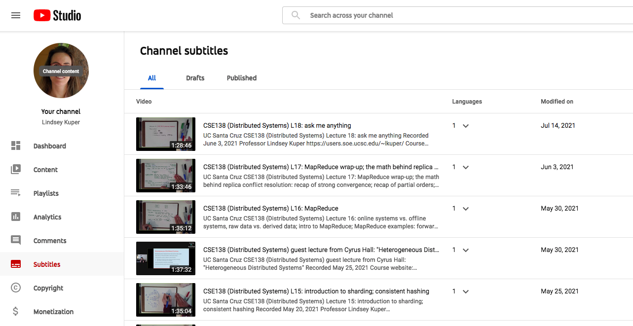 Subtitles for all channel videos in YouTube Studio.