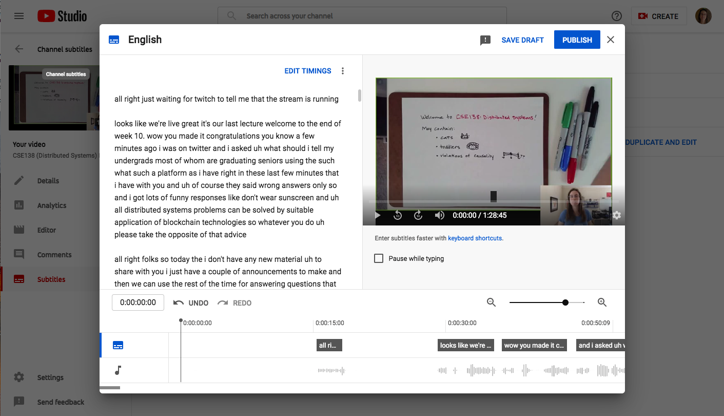 The YouTube Studio caption editor interface.